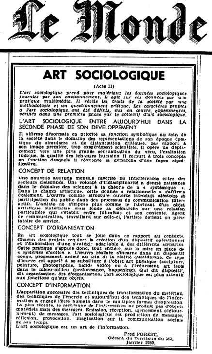 31. Manifesto da arte sociolgica publicado por Fred Forest no jornal Le Monde de quinta-feira, 7 de fevereiro de 1980, Paris, 1980.